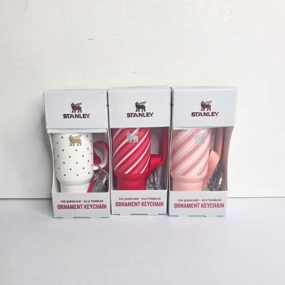 Stanley Other - Stanley Tumbler Candy Cane Strawberry Polka Dot Ornament Keychain Set of 3 - NEW